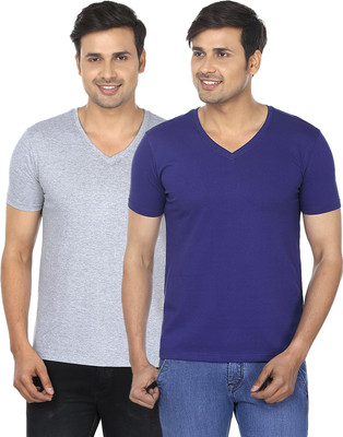 

FM Fashionmania Solid Men's V-neck Dark Blue, Grey T-Shirt(Pack of 2, Ink blue