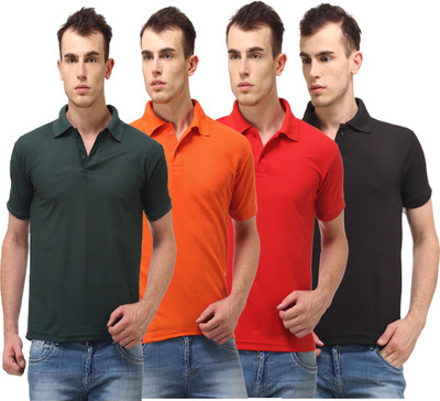 

Lime Solid Men's Polo Neck Dark Green, Orange, Red, Black T-Shirt(Pack of 4