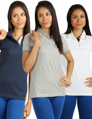 

Campus Sutra Solid Women' Polo Neck Black, Blue, White T-Shirt(Pack of 3