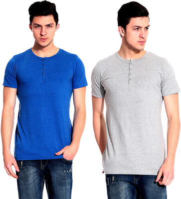 

Lemon & Vodka Solid Men' Henley Blue, Grey T-Shirt(Pack of 2