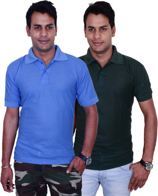 Blaze Solid Men' Polo Neck Blue, Dark Green T-Shirt(Pack of 2