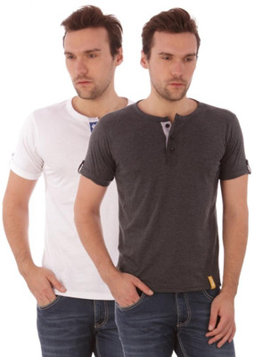 

Campus Sutra Solid Men Henley White, Grey T-Shirt(Pack of 2), Charcoal;white