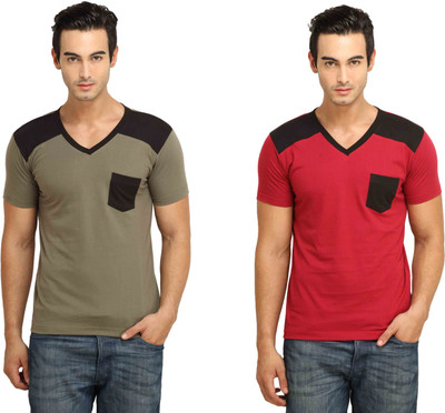 

Fio Solid Men' V-neck Brown, Maroon T-Shirt(Pack of 2, Army green;maroon