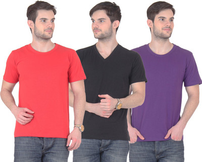 

E'Hiose Solid Men' V-neck Multicolor T-Shirt(Pack of 3, Black_v;purple_r;red_r