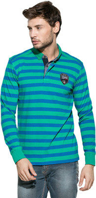 

Mufti Striped Men's Polo Neck Green, Blue T-Shirt