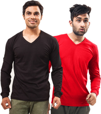 

Unisopent Designs Solid Men's V-neck Black, Red T-Shirt(Pack of 2