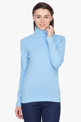 

Hypernation Solid Women's Turtle Neck Blue T-Shirt, Light sky blue