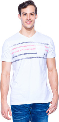 

Mufti Striped Men's V-neck White, Pink T-Shirt, White and pink