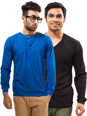 

Unisopent Designs Solid Men's Henley Blue, Black T-Shirt(Pack of 2, Royal blue