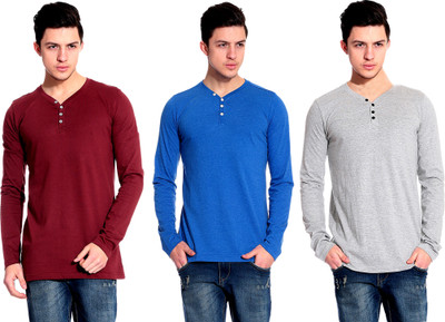 

Lemon & Vodka Solid Men's Henley Multicolor T-Shirt(Pack of 3), Grey