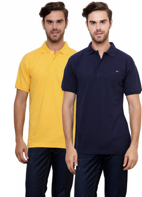 

Lemon & Vodka Solid Men's Polo Neck Yellow, Dark Blue T-Shirt(Pack of 2