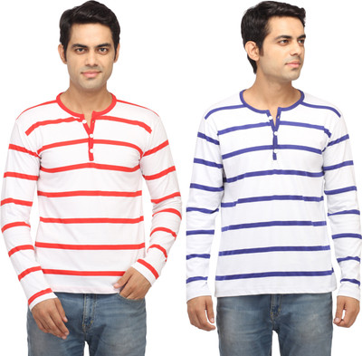 

Leana Striped Men's Fashion Neck Blue, Red T-Shirt(Pack of 2