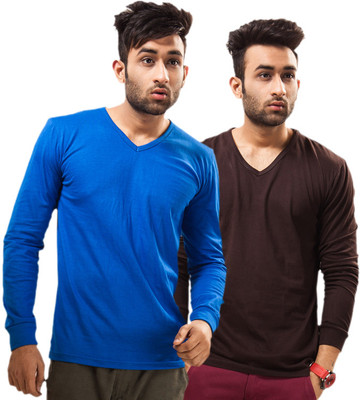 

Unisopent Designs Solid Men's V-neck Blue, Brown T-Shirt(Pack of 2, Royal blue