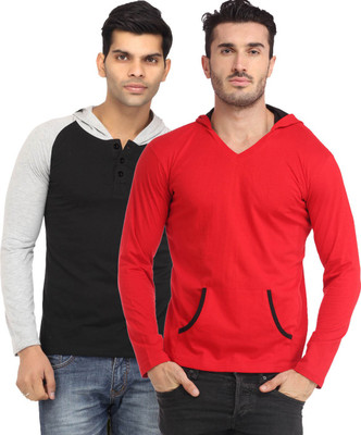 

Leana Solid Men' Hooded Multicolor T-Shirt(Pack of 2