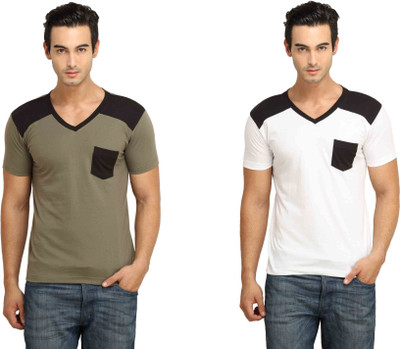 

Fio Solid Men' V-neck Brown, White T-Shirt(Pack of 2