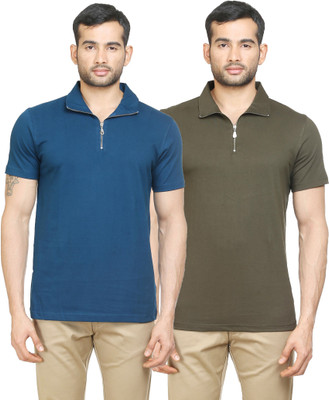 

Poshuis Solid Men's Polo Neck Dark Green, Blue T-Shirt(Pack of 2, Military green and petrol blue