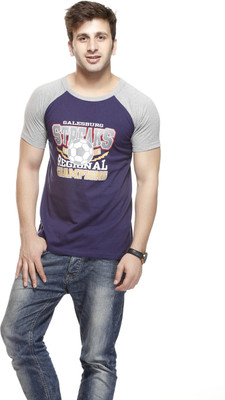

Gritstones Printed Men' Round Neck Grey, Purple T-Shirt, Navy