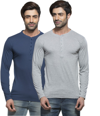 

Alan Jones Solid Men's Henley Dark Blue, Grey T-Shirt(Pack of 2, Milange;navy
