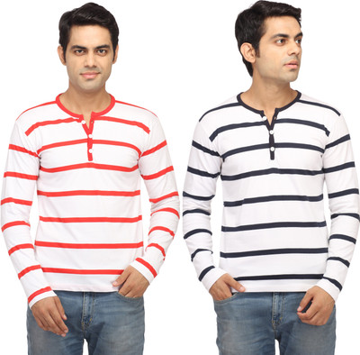 

Leana Striped Men's Fashion Neck Red, Blue T-Shirt(Pack of 2, Blue;red