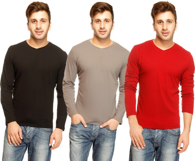 

Gritstones Solid Men's V-neck Multicolor T-Shirt(Pack of 3), Black;maroon;navy;steel grey
