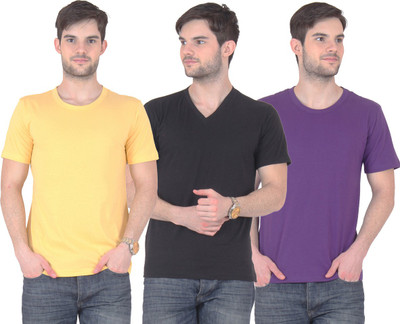 

E'Hiose Solid Men' V-neck Multicolor T-Shirt(Pack of 3, Black_v;purple_r;yellow_r
