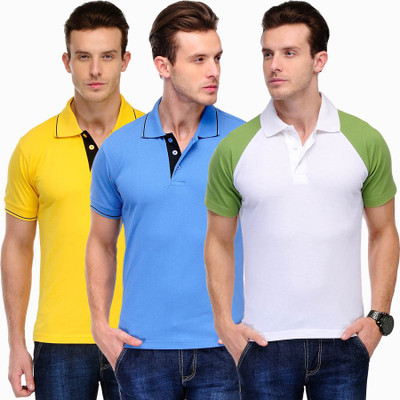 

Scott International Solid Men's Polo Neck White, Green, Yellow, Blue T-Shirt(Pack of 3, White and green and yellow and blue