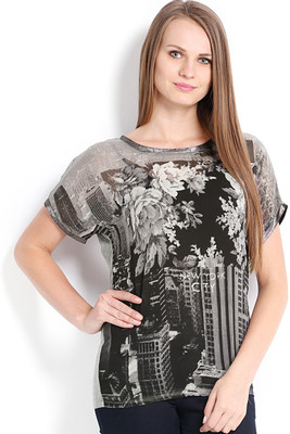 

Ten on Ten Floral Print Women's Round Neck Multicolor T-Shirt, Black