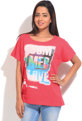 

People Printed Women' Round Neck Pink T-Shirt, Tickled pink
