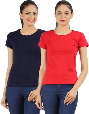 

Ap'pulse Solid Women's Round Neck Dark Blue, Red T-Shirt(Pack of 2)
