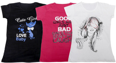 IndiWeaves Girls Printed T Shirt(Multicolor, Black & pink & white