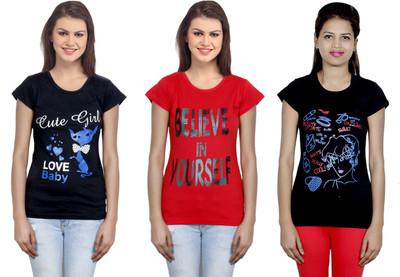 Indistar Printed Women Round Neck Red, Black T-Shirt
