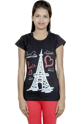 IndiWeaves Girls Printed Cotton T Shirt(Black, Pack of 1)
