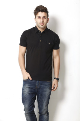 Gritstones Solid Men' Polo Neck Black T-Shirt