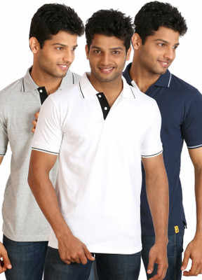 

Campus Sutra Solid Men Polo Neck Blue, Grey, White T-Shirt(Pack of 3
