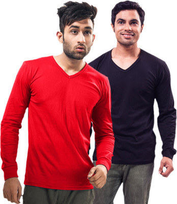 

Unisopent Designs Solid Men' V-neck Red, Black T-Shirt(Pack of 2