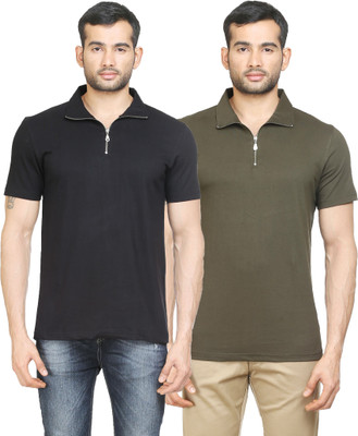 

Poshuis Solid Men' Polo Neck Black, Dark Green T-Shirt(Pack of 2, Black and military green
