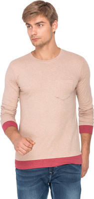 Campus Sutra Solid Men Round Neck Pink T-Shirt, Brown