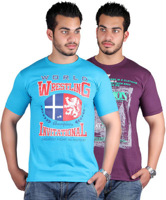 

Shineway Graphic Print Men's Round Neck Multicolor T-Shirt(Pack of 2, Turquoise;voilet