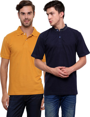 

Lemon & Vodka Solid Men' Mandarin Collar Brown, Dark Blue T-Shirt(Pack of 2