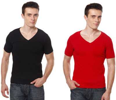 

Casual Tees Solid Men' V-neck Multicolor T-Shirt(Pack of 2, Black and red combo