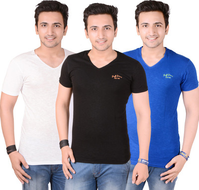 

Buff Solid Men's V-neck White, Blue, Black T-Shirt(Pack of 3), Black;blue;white