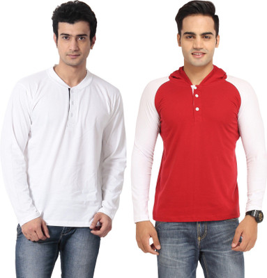

Leana Solid Men' Henley Multicolor T-Shirt(Pack of 2, White-red