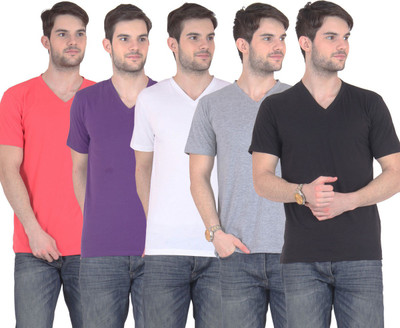 

E'Hiose Solid Men' V-neck Multicolor T-Shirt(Pack of 5, Black;carrot;grey;purple;white