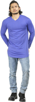 Oviyon Solid Men' V-neck Blue T-Shirt