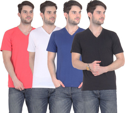 

FnMe Solid Men's V-neck Multicolor T-Shirt(Pack of 4, Black;blue;carrot;white