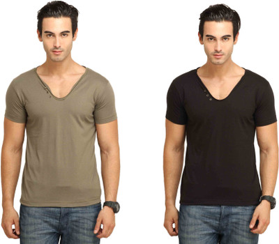 

Fio Solid Men' V-neck Brown, Black T-Shirt(Pack of 2, Black;brown