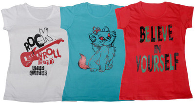 

IndiWeaves Girls Printed T Shirt(Multicolor, White & blue & red