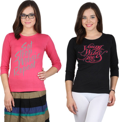 

SayItLoud Printed Women's Round Neck Pink, Black T-Shirt(Pack of 2), Black;pink