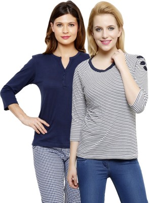 

LimeBerry Striped, Solid Women's Round Neck White, Dark Blue T-Shirt(Pack of 2, Dark blue;white