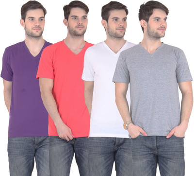 

E'Hiose Solid Men' V-neck Multicolor T-Shirt(Pack of 4, Carrot;grey;purple;white